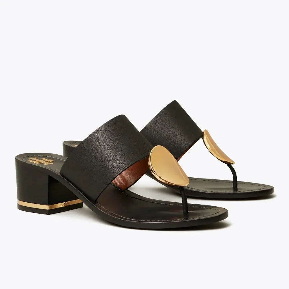 Tory Burch PATOS DISK 45MM SANDAL Black Gold STUNNING AND COMFORTABLE!